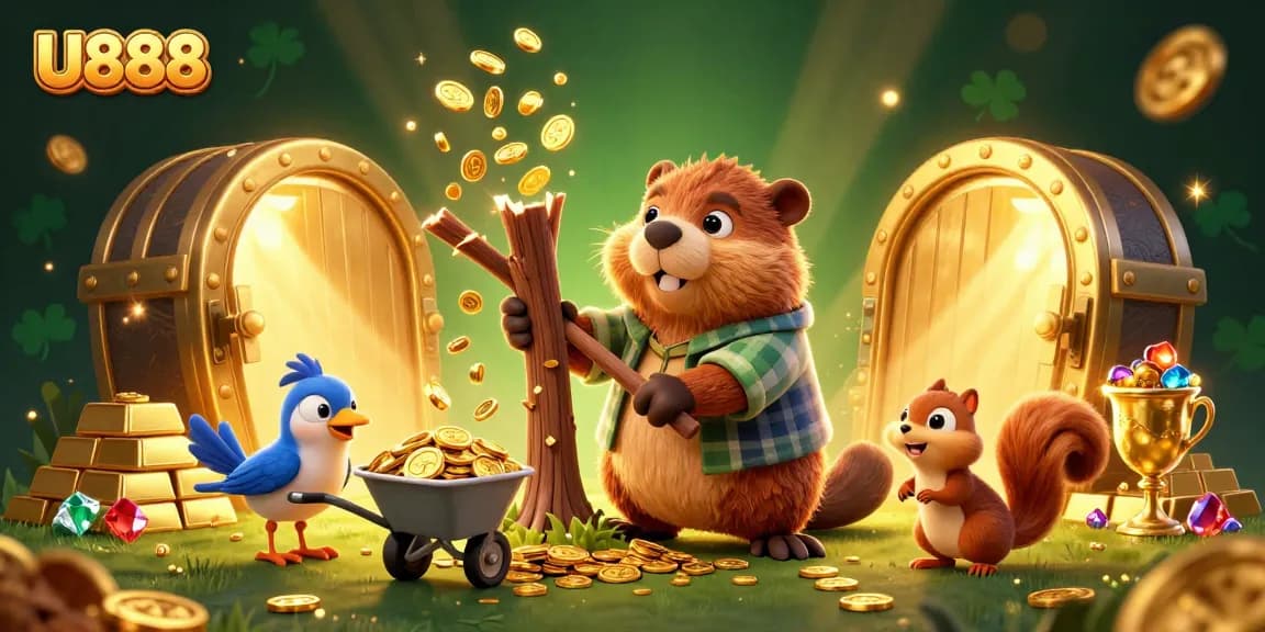 U888 inspires winning with a vibrant scene of a beaver, bird, and squirrel amid treasures and sparkling effects.
