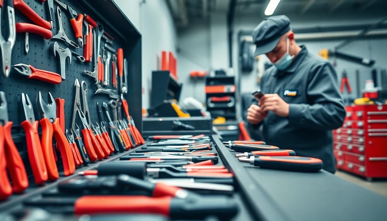 Technician using facom tools in a well-organized workshop, emphasizing quality and precision.