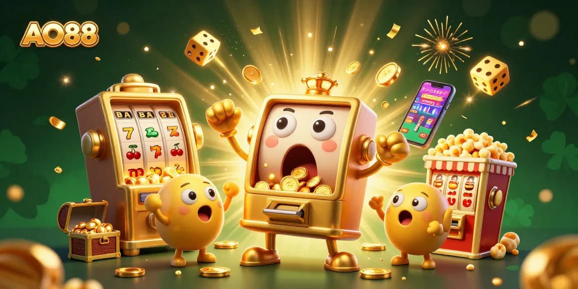 Experience the excitement of AO88 with a vibrant casino scene filled with joyful slot machines and golden rewards.