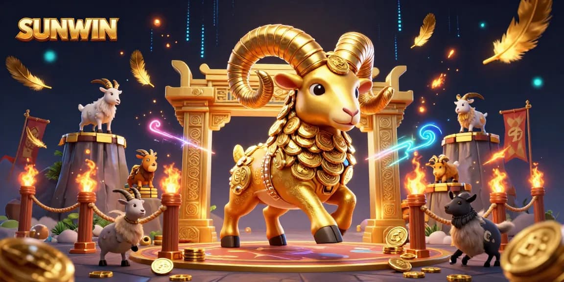 SUNWIN vibrant casino scene with golden ram charging through a dramatic arena filled with coins and betting tokens