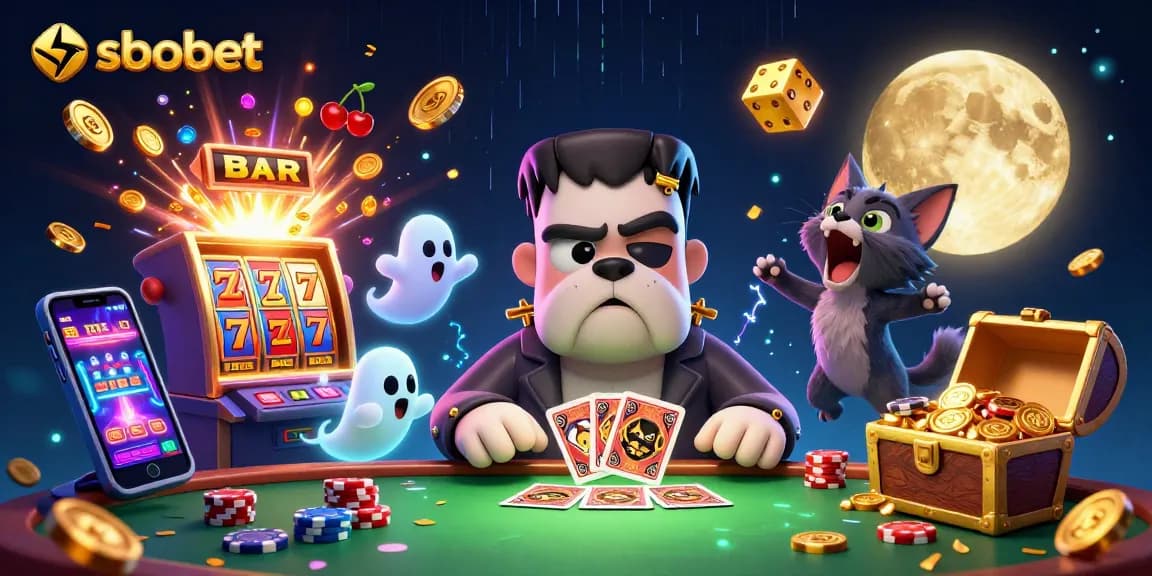 sbobet players enjoy a vibrant casino atmosphere with cartoon characters and thrilling gaming action