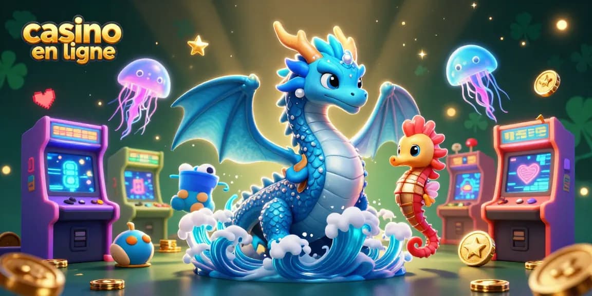 Illustration d'une scène de casino en ligne avec un dragon aquatique et des machines à sous illuminées.