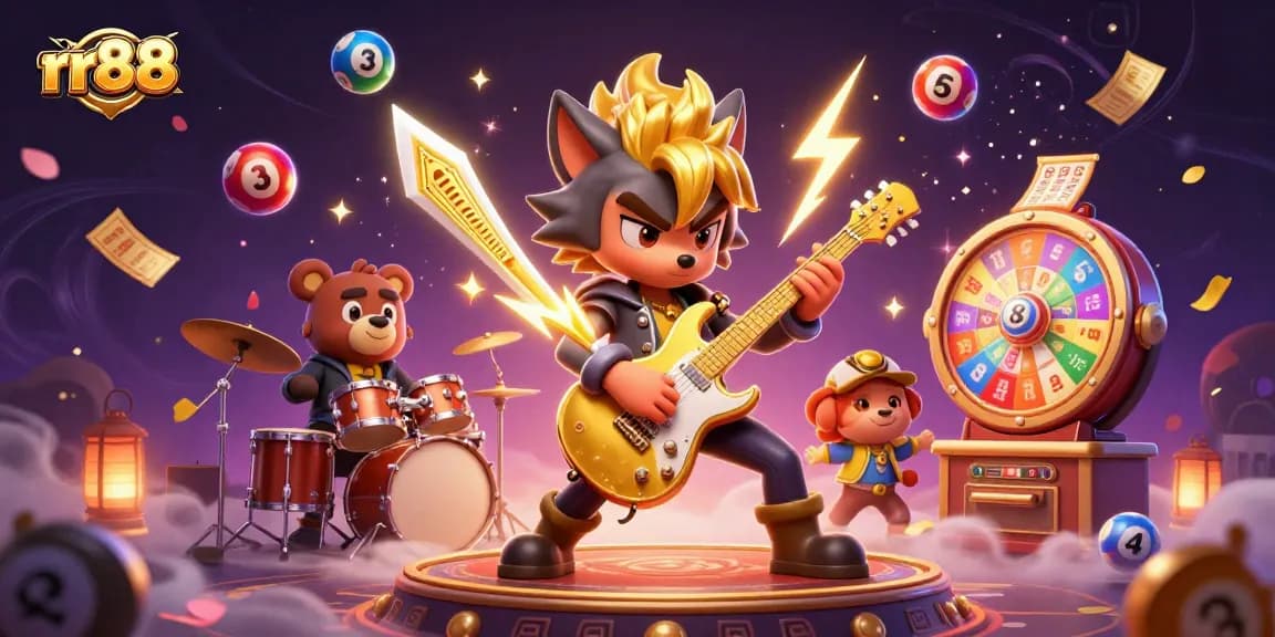 Experience the thrill of rr88 with vibrant casino elements and energetic cartoon characters.