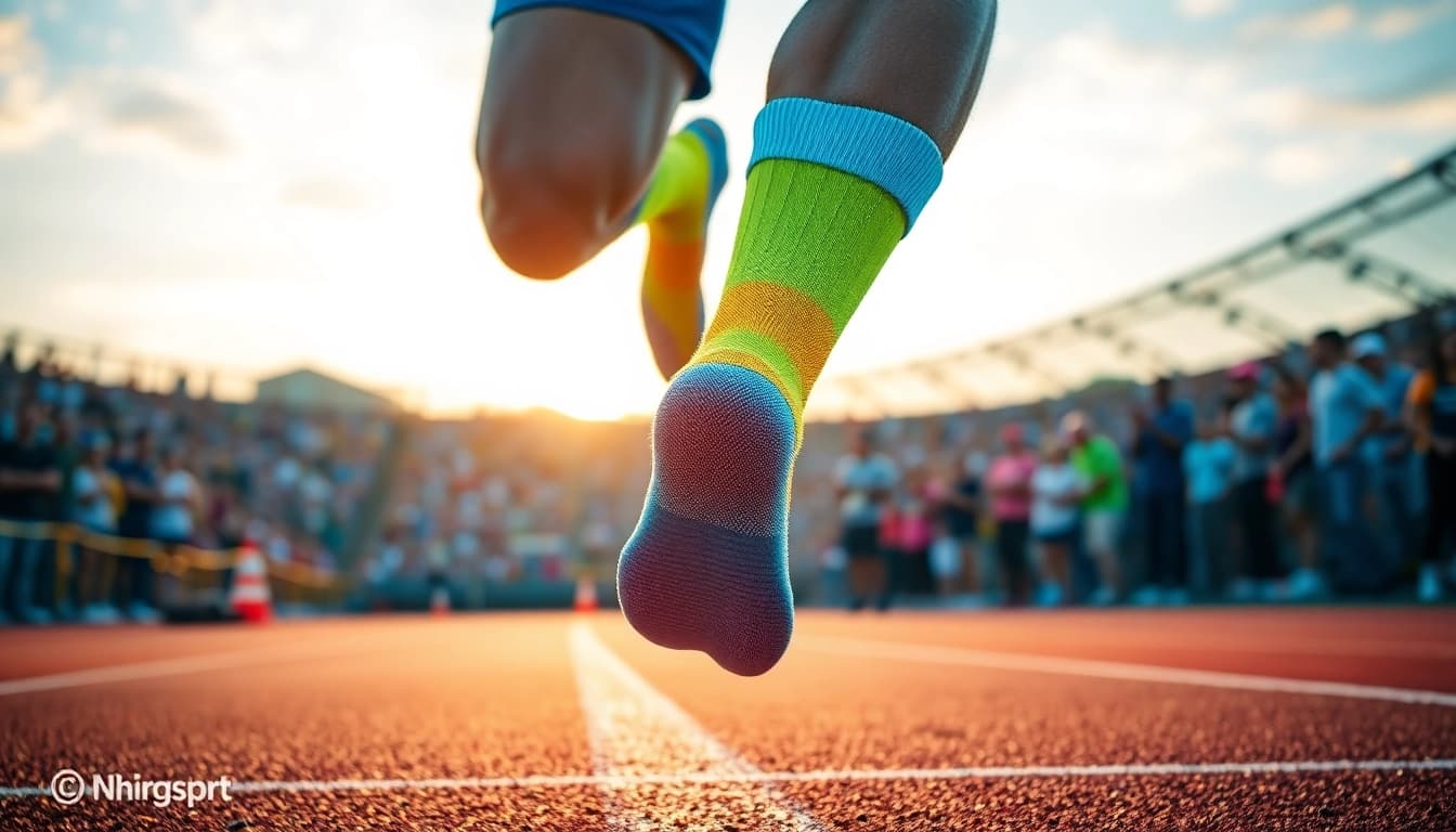 Runner showcasing vibrant running socks during a race, capturing energy and performance.