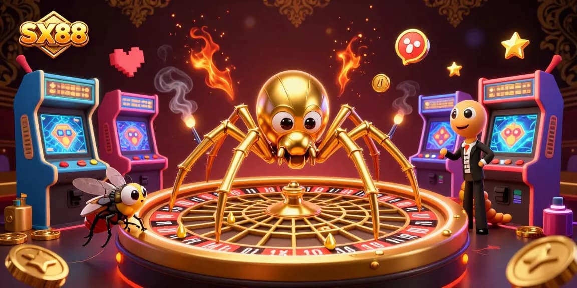 SX88 creates excitement as a golden spider spins a roulette wheel web, while a fly bets nervously.