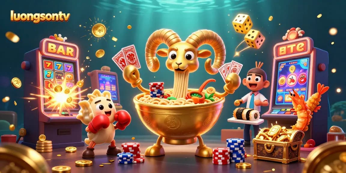 Engage with luongsontv's vibrant 3D scene featuring a giant ramen bowl and casino elements, delivering excitement in gambling.