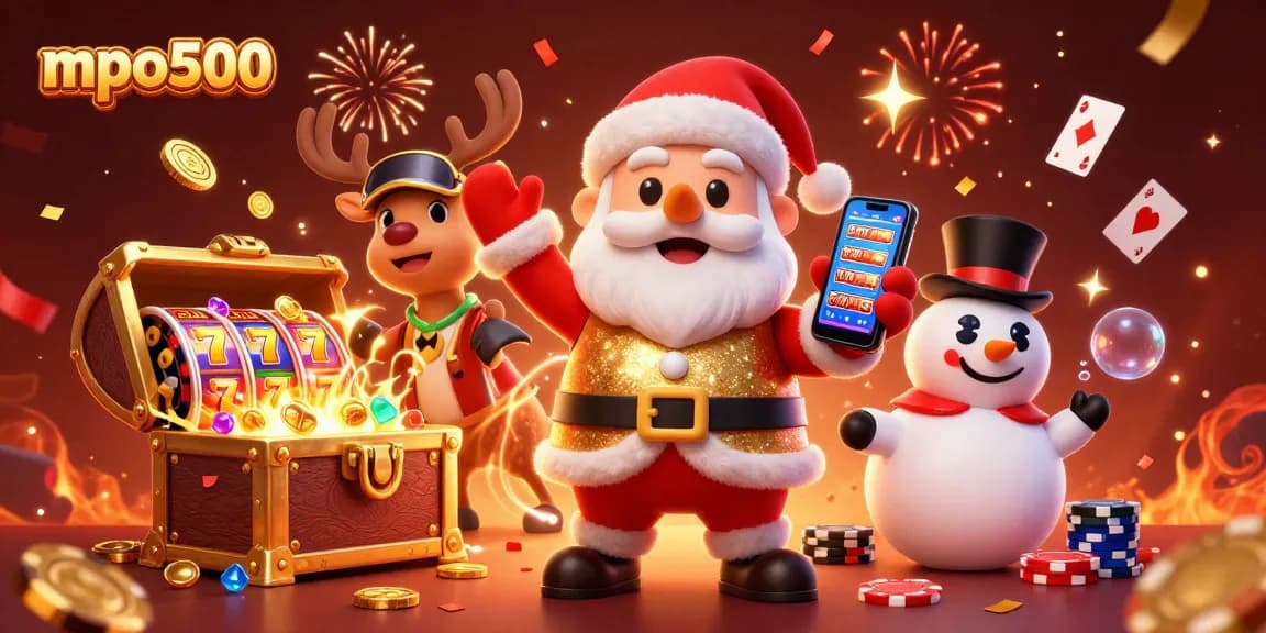Engage with mpo500's thrilling jackpot slots through a vibrant, festive casino scene.