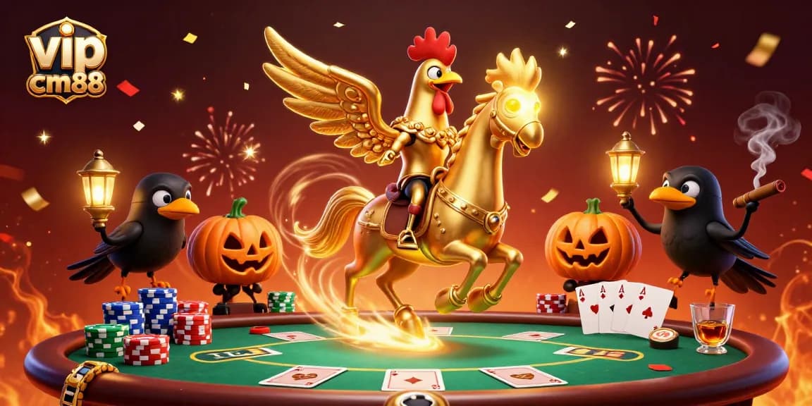 Experience the thrill of vip cm88 with a golden rooster and ghostly elements in a vibrant casino scene.