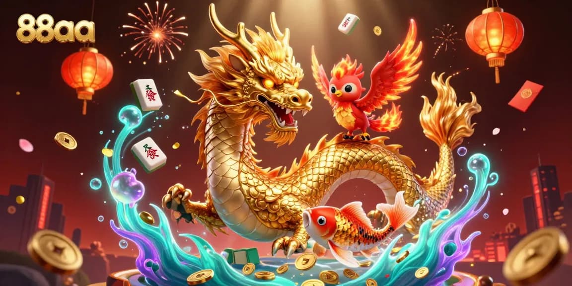 Experience the vibrant world of 88aa, featuring a fierce dragon, a phoenix, and a koi fish amidst a shower of coins.