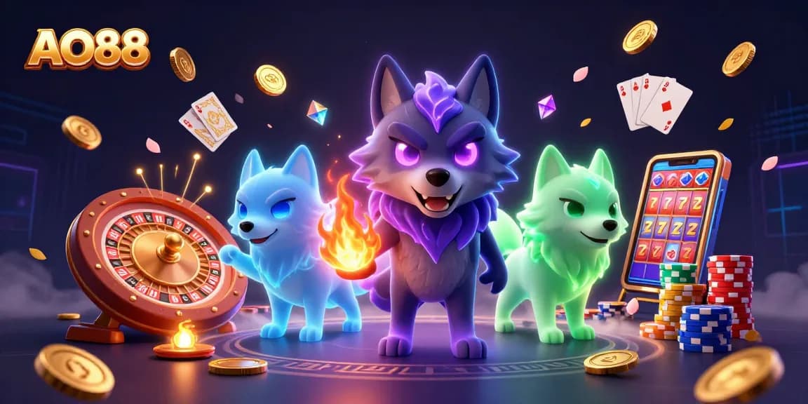 Experience the thrill of winning with AO88 at the casino, featuring lively wolves and dynamic gaming elements.