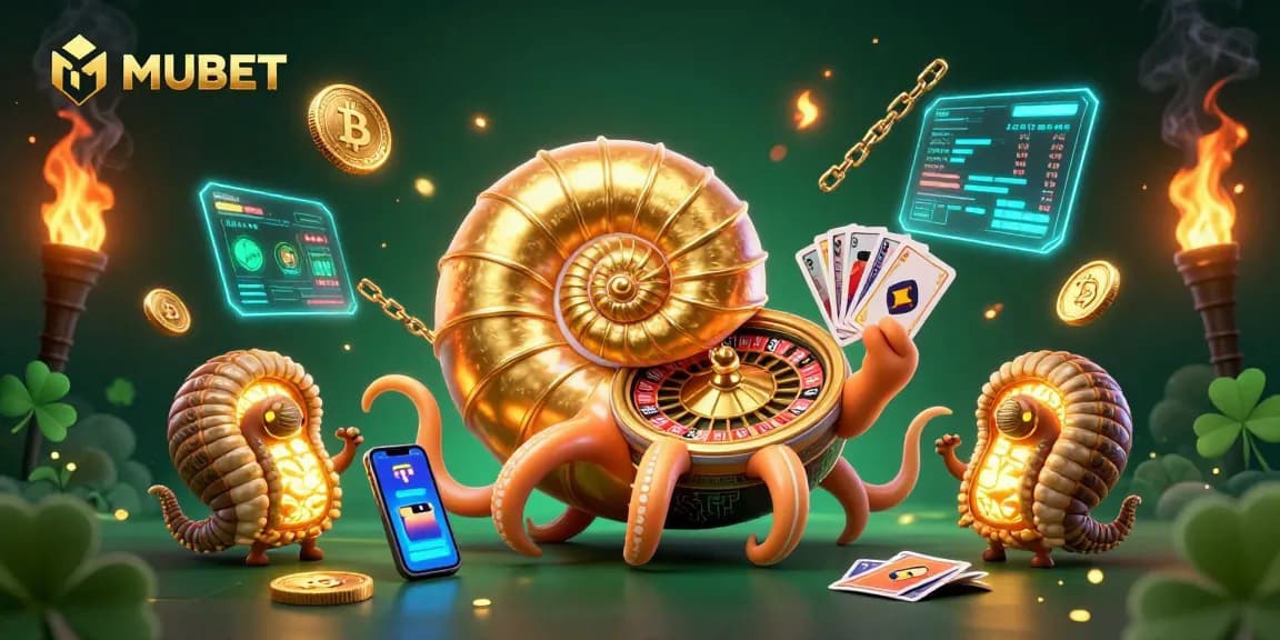 MUBET captures a lively casino scene with a giant nautilus as a roulette wheel surrounded by glowing crypto coins.