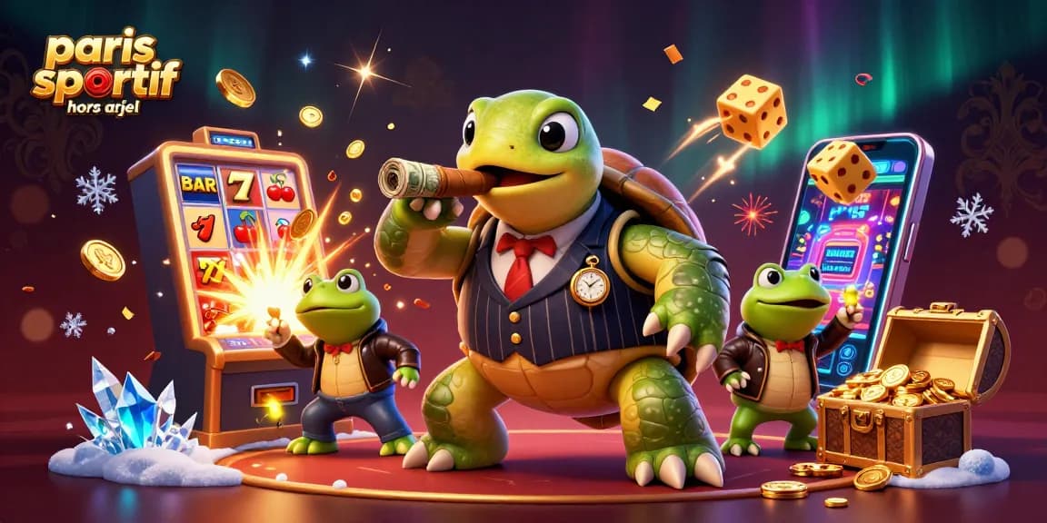 Illustration animée représentant "paris sportif hors arjel" avec un héros en costume de gangster entouré de jetons et machines à sous.