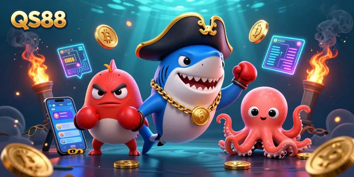 Experience thrilling adventures at QS88 with vibrant underwater casino imagery featuring playful characters and crypto elements.