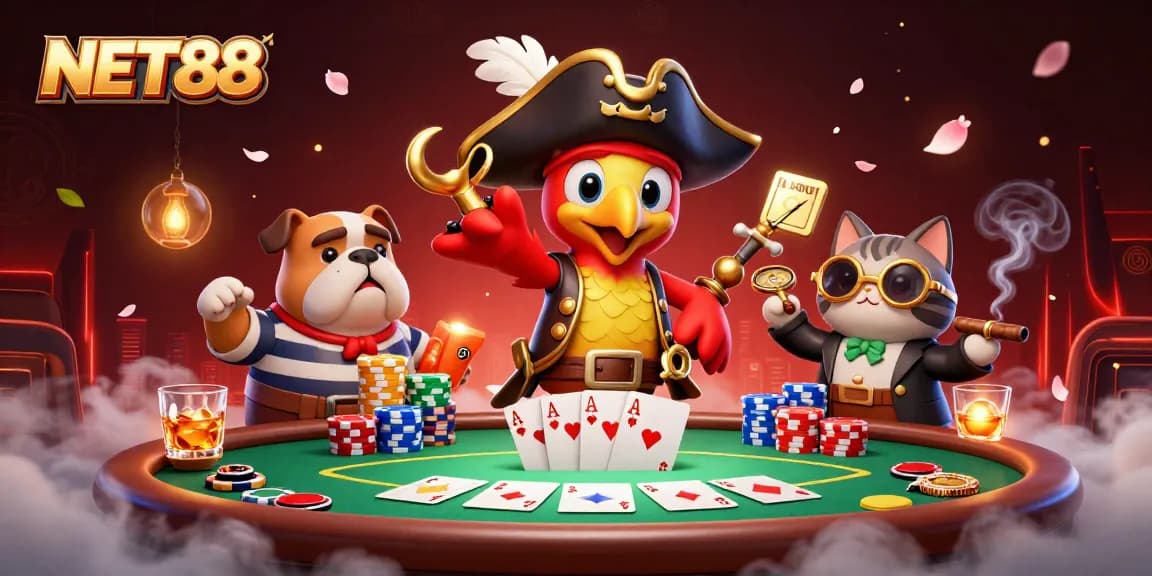 NET88 showcases a vibrant, action-packed casino scene with characters at a poker table.