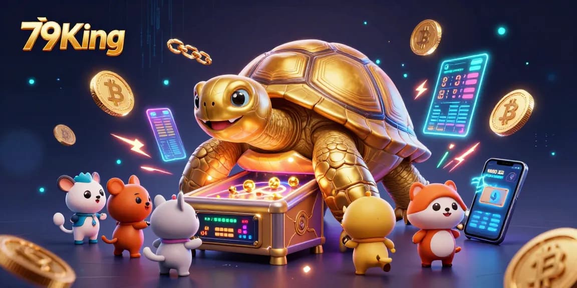 Experience the excitement of 79King's offerings in a vibrant 3D casino scene filled with animated characters.