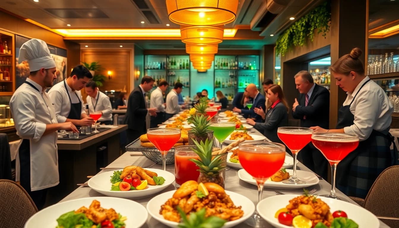 Dynamic scene of a food and beverage PR agency Melbourne showcasing event with chefs and drinks.