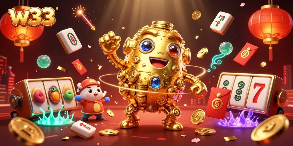 Spin the reels of w33 pokies in an extravagant 3D scene filled with gold and gaming excitement.