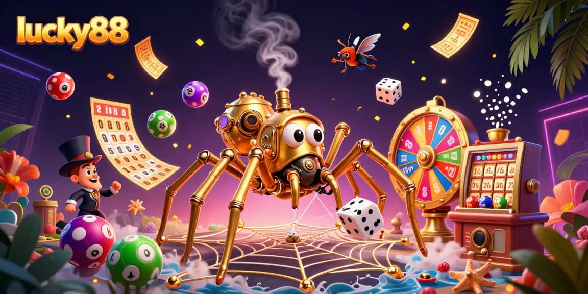 Experience lucky88 with vibrant lottery elements and a whimsical steampunk scene full of action.