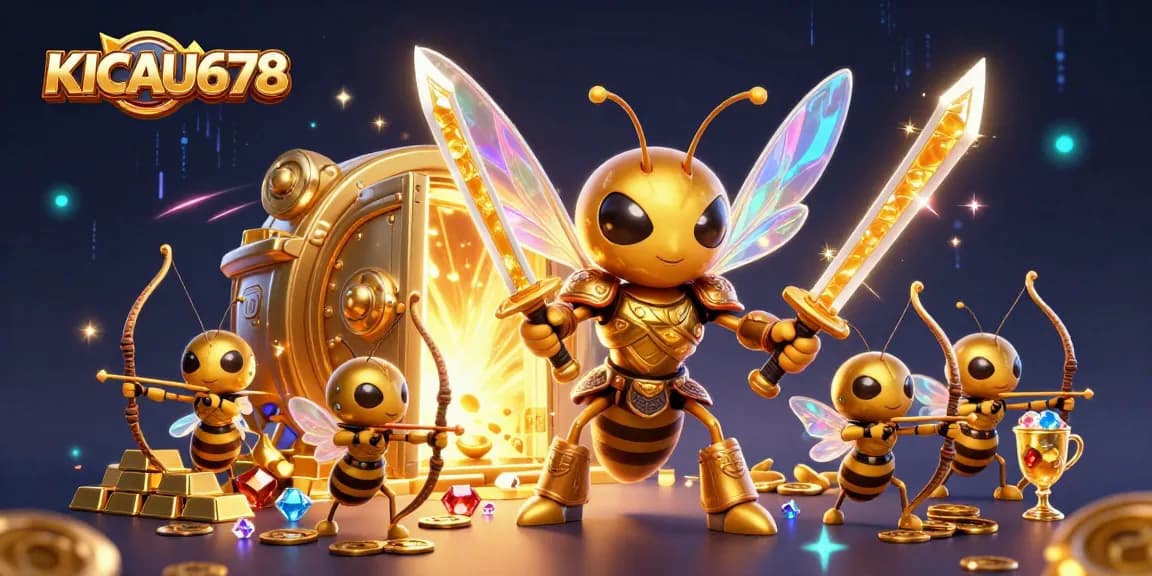 KICAU678 showcases a vibrant casino scene with hornets in samurai armor, winning treasures, and dynamic game elements.