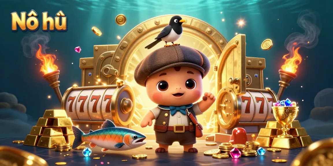 Nổ hũ ignites excitement with dynamic slot reels and colorful treasures in an underwater scene.