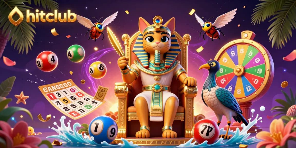 Spin into excitement with hitclub's vibrant gaming scene, showcasing a pharaoh cat and dynamic lottery elements.