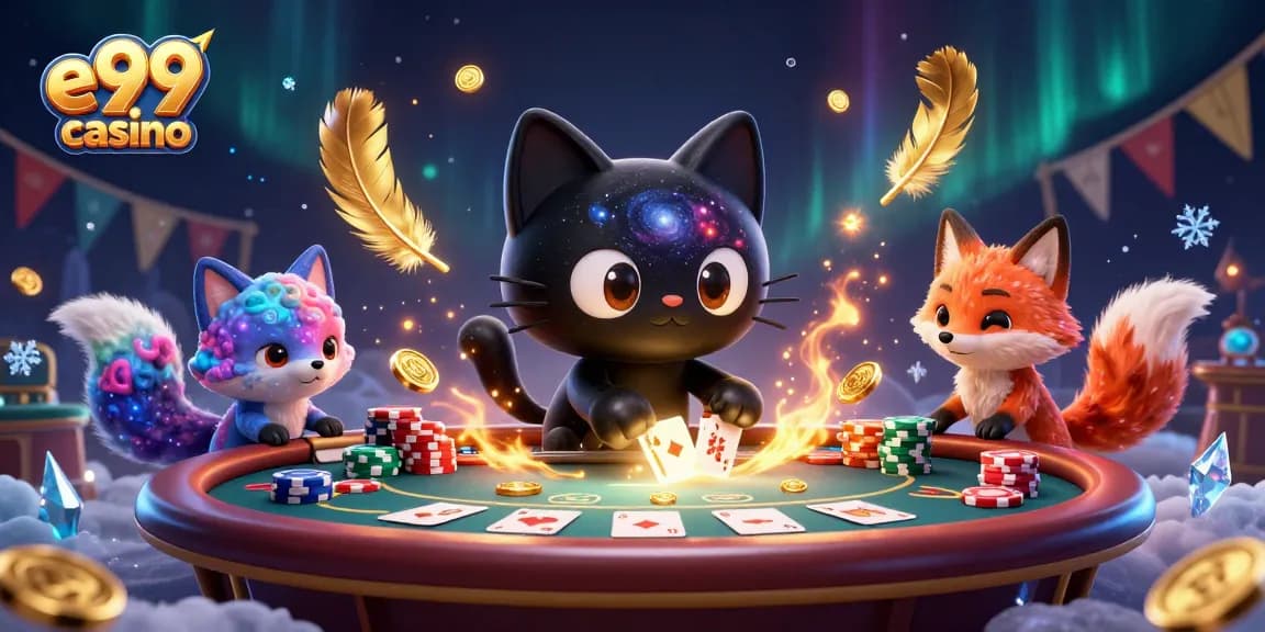 Experience excitement at e99 casino with 3D characters enjoying poker and vibrant casino action.