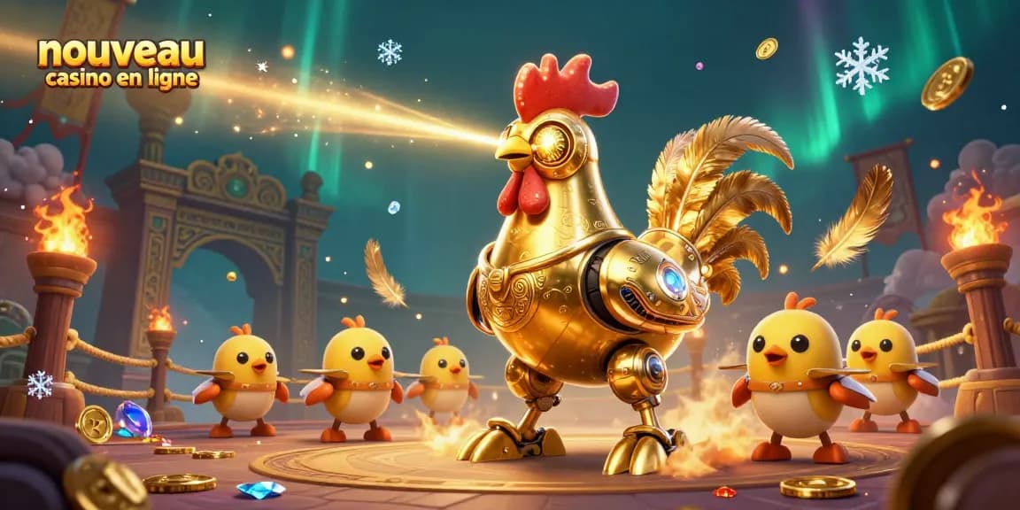 Illustration dynamique de nouveau casino en ligne avec un robot coq doré et des drones, entourés de pièces d'or et de drapeaux.
