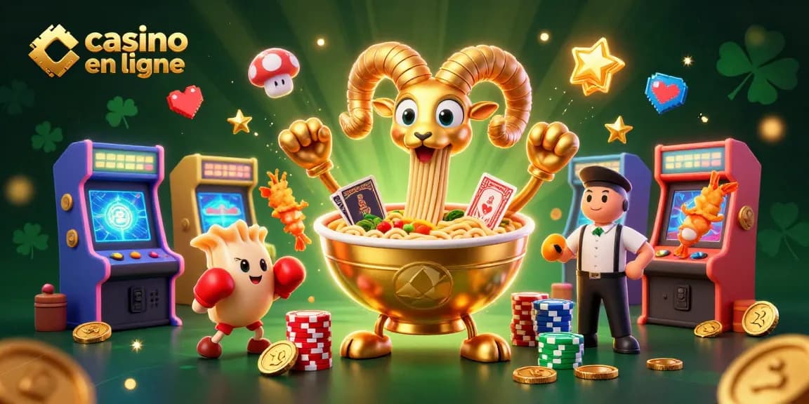 Illustration animée de casino en ligne avec des personnages jouant et gagnant des jetons.