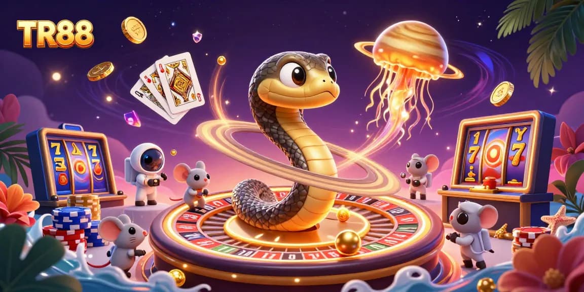 Join the cosmic fun at TR88 with unique 3D gambling elements and vibrant characters in a dynamic casino scene.