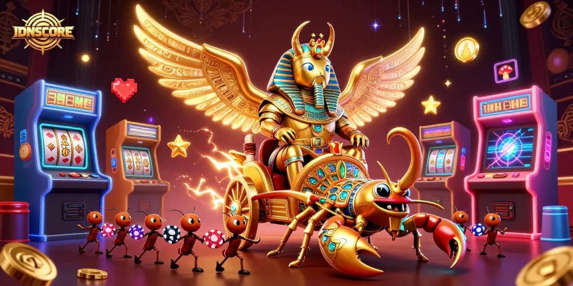 IDNSCORE boosts gaming excitement with a golden scarab chariot scene filled with slot elements.