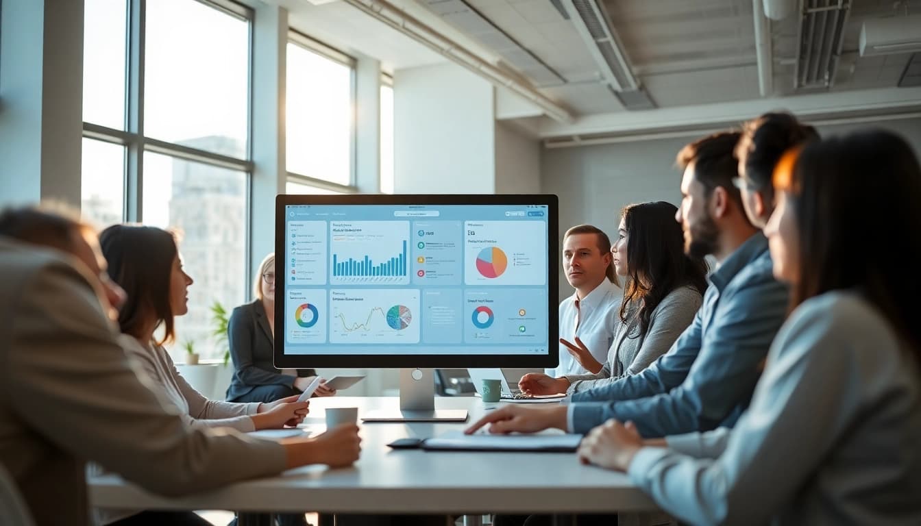 Showcasing a productive workspace with a productivity AI assistant for work aiding teamwork and analytics.