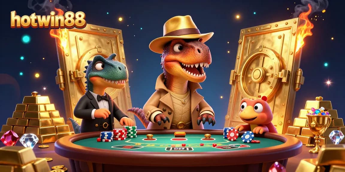 Engage with hotwin88 at a vibrant casino scene with dinosaurs and treasure elements.