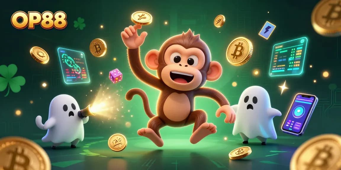 Catch golden objects in the haunted casino with OP88, featuring a playful monkey and ghost-hunter puppy.