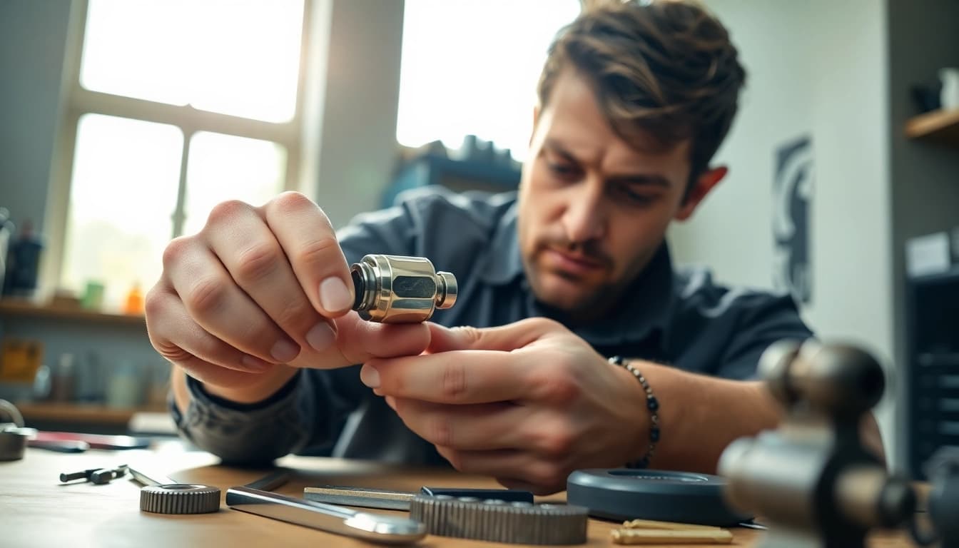 Expert Essex locksmith inspecting a high-security lock with tools in a bright workshop setting.