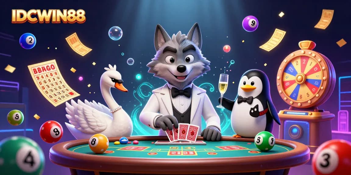 Play thrilling games at IDCWIN88, featuring animated characters in a vibrant casino scene.