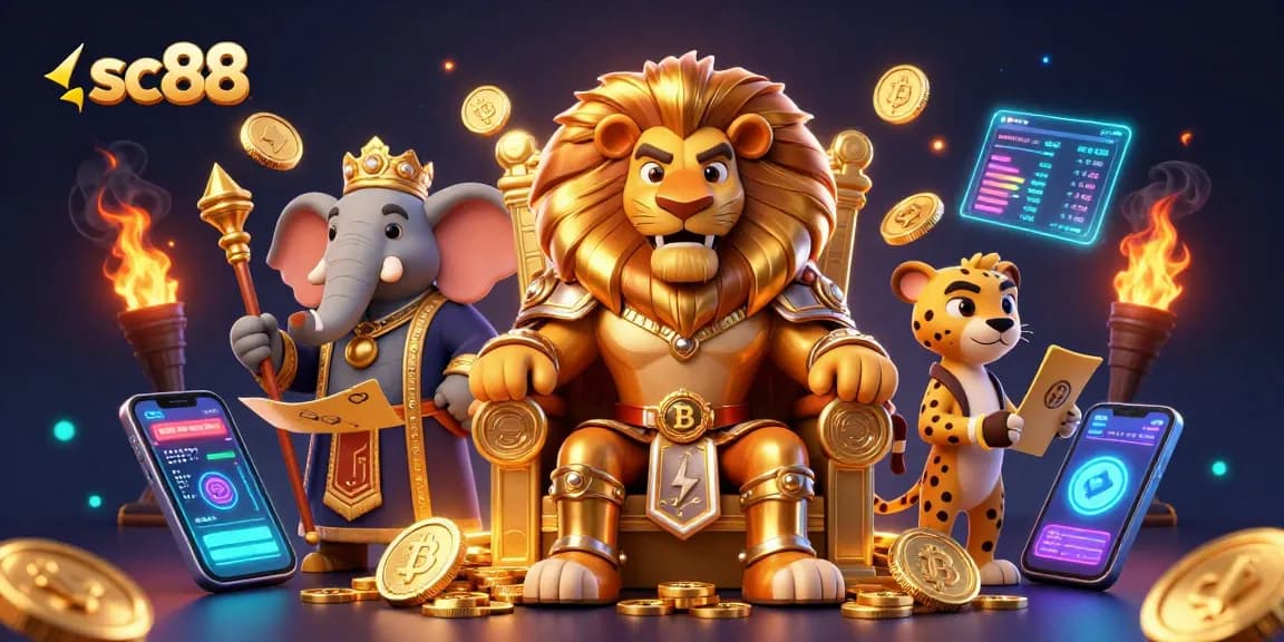 Win big with sc88 in a vibrant 3D casino scene featuring a lion king on a throne of coins.