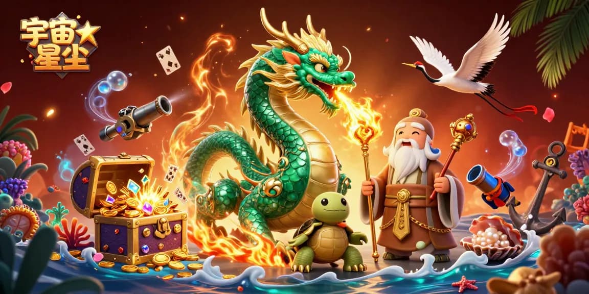 在宇宙星塵的舞台上，巨大的翡翠龍獻上金色火焰，為賭博活動帶來幸運。