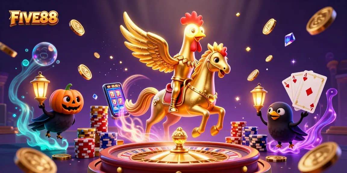 Experience thrilling moments at FIVE88 with a golden rooster and friends enjoying casino fun!