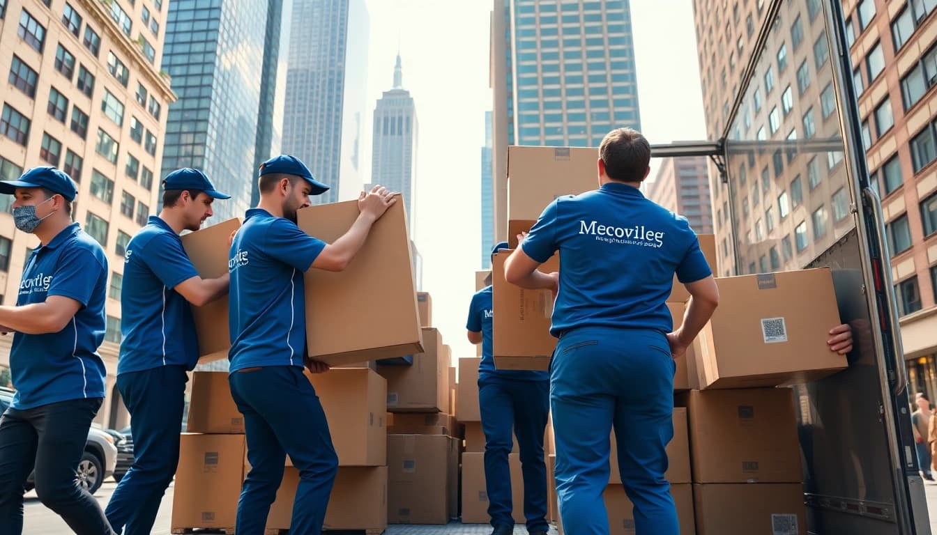 Efficient movers manhattan ny expertly loading items into a truck against NYC skyline.