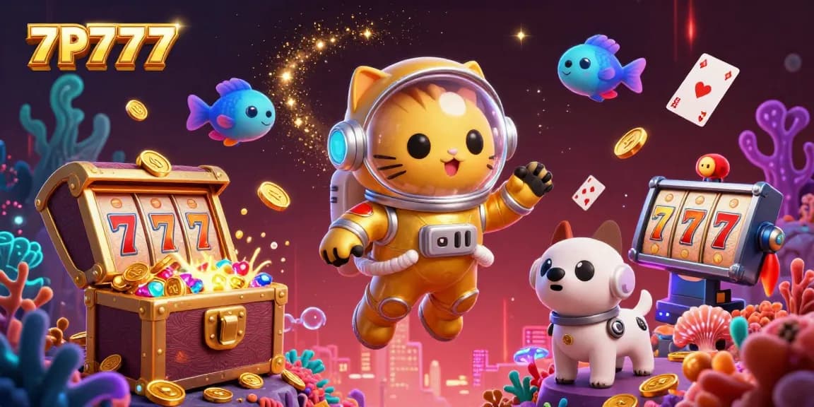 Engage with 7P777's vibrant casino universe featuring a golden space cat and robot dog amidst slot symbols.