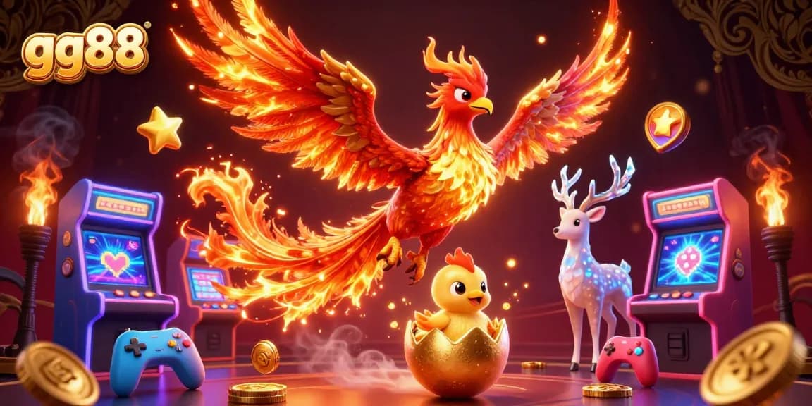 Experience thrilling gaming with gg88 featuring a colorful phoenix and gaming elements in a dazzling atmosphere.