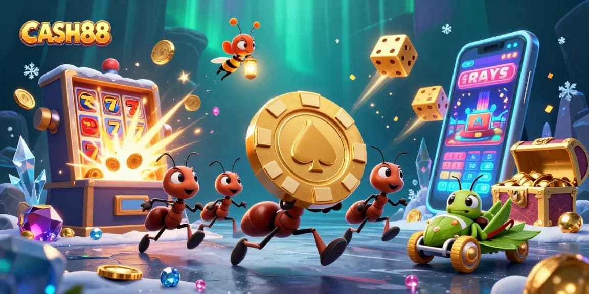 CASH88 features cartoon ants in a casino heist with golden poker chips and explosions of coins.