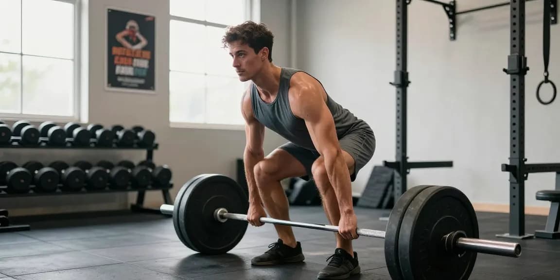 Man lifting weights in mens workout clothes, showcasing performance and dedication in a vibrant gym.