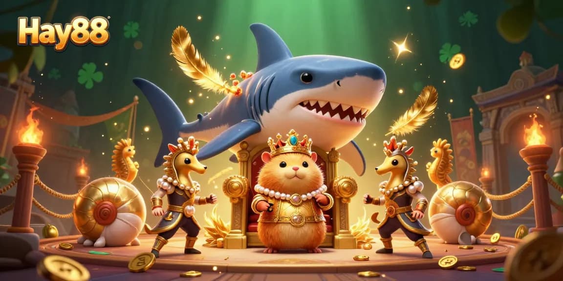 Experience the exciting world of Hay88 with a captivating 3D casino scene featuring a golden hamster king.