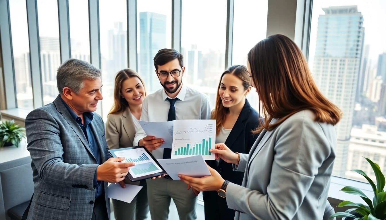 Engaging scene of Venture Capital experts collaborating in a modern office with financial insights.