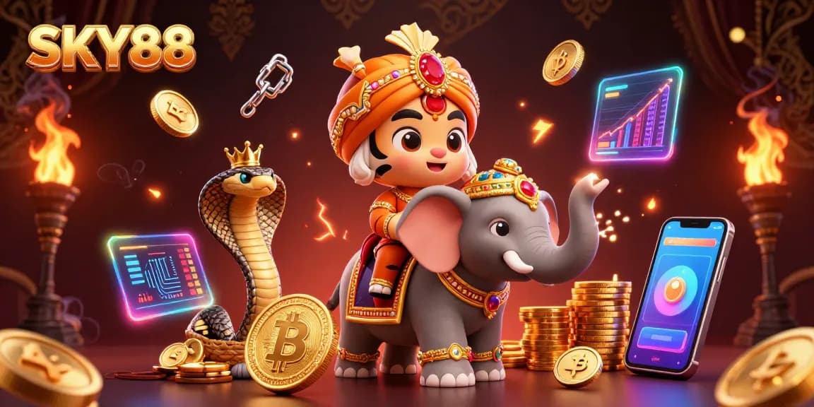 Experience big wins at SKY88 with a dynamic 3D casino scene featuring a tiger maharaja, elephant, and crypto elements.