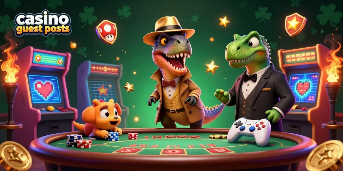 Engage with thrilling casino guest posts featuring a velociraptor card counter in a blackjack scene.