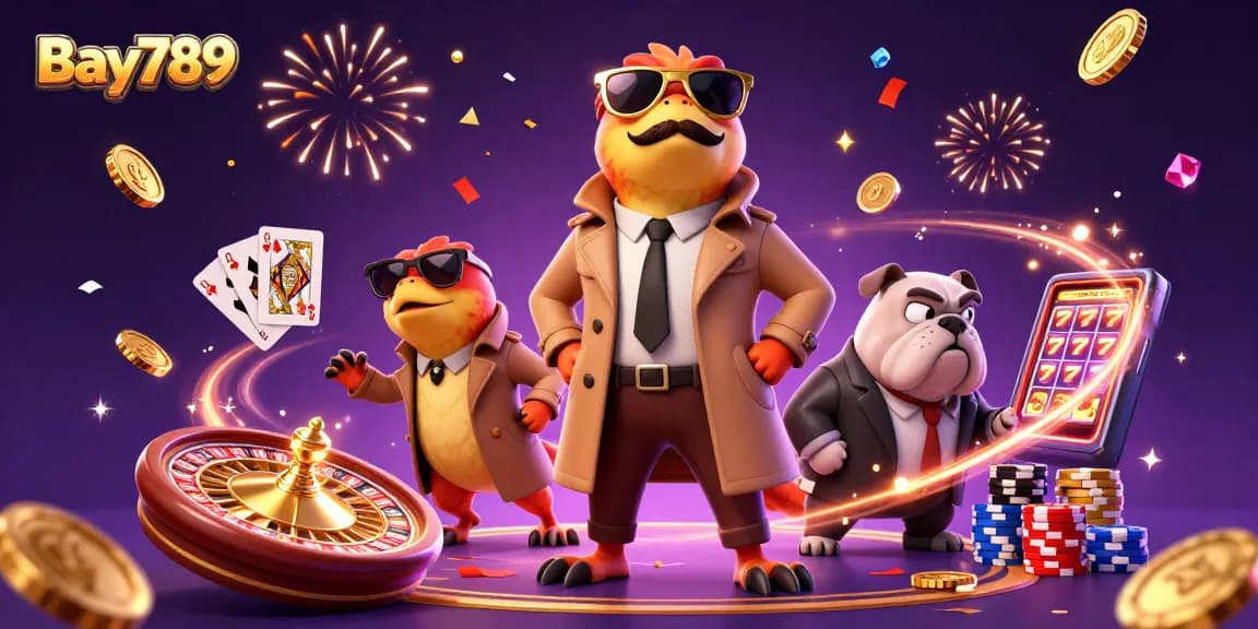 Enjoy thrilling moments at Bay789's VIP lounge with dynamic gaming visuals and playful characters.