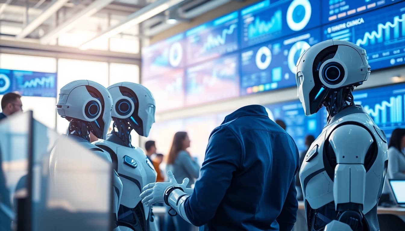 Ai Bots collaborating in a modern office, showcasing advanced technology and teamwork.