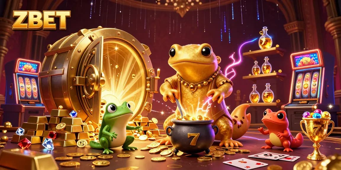 ZBET showcases thrilling gaming excitement with a golden salamander alchemist, slot reels, and sparkling gems.